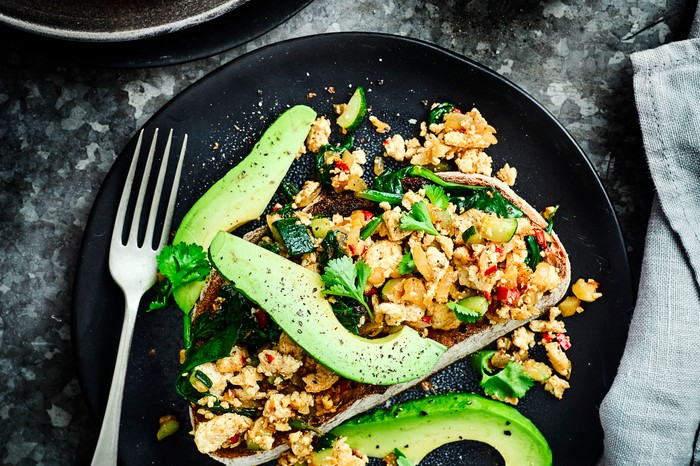 Tofu Scramble with Avocado on a Plate