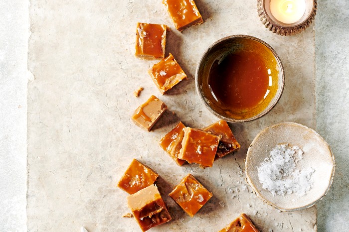 Cubes of caramel fudge sprinkled with sea salt