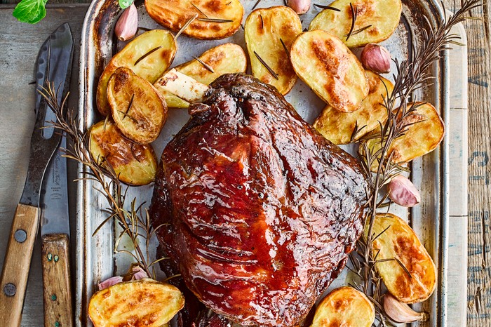 Slow Cooked Lamb Shoulder with Garlic Roasted Potatoes