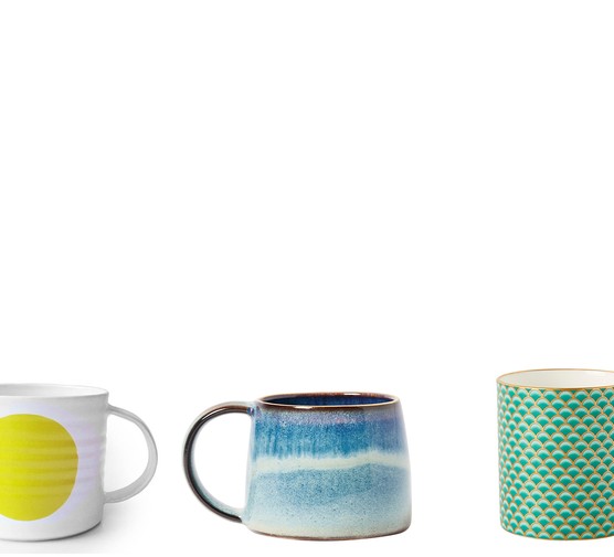 Five coffee mugs in a row