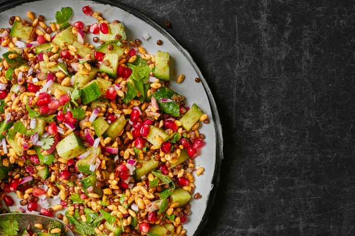 Spiced lentil, puffed rice and cucumber salad