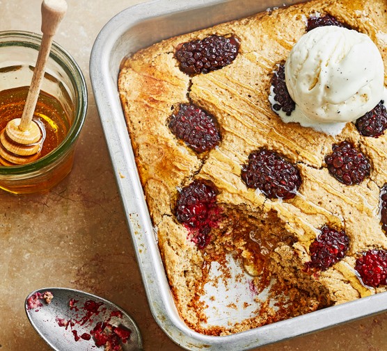 Blackberry Baked Oats with Ice Cream and Honey