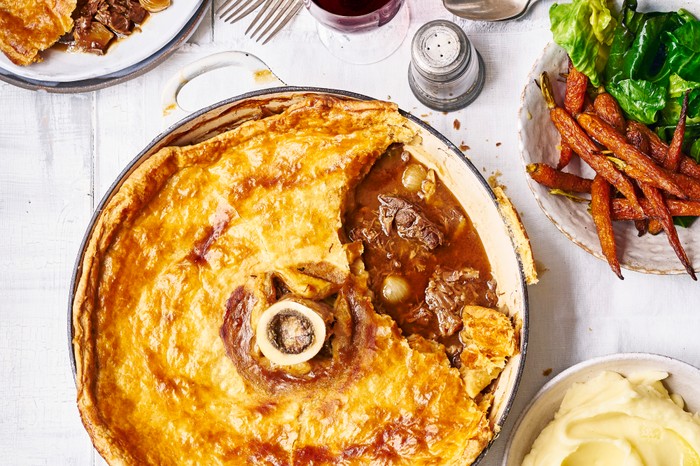 Steak and ale pie with bone marrow in the middle