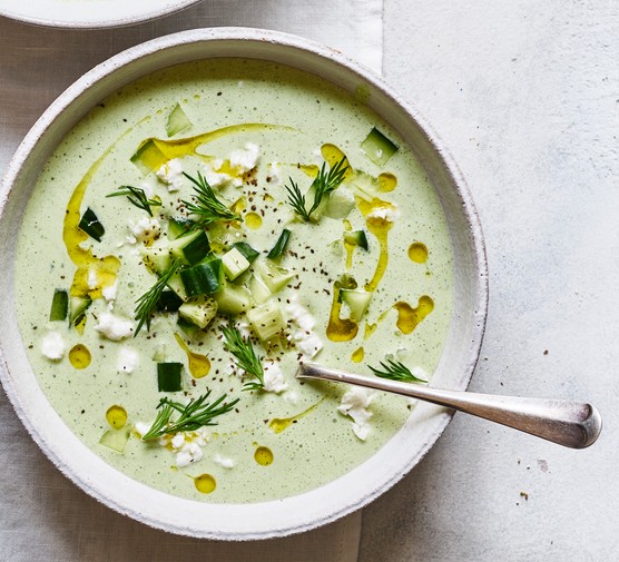 Healthy summer recipes Chilled Cucumber Soup with Yogurt and Dill in Two Bowls
