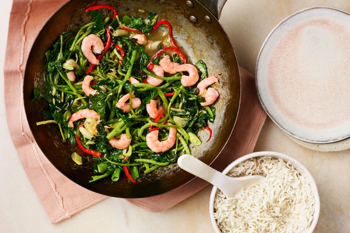 A prawn stir-fry in a wok