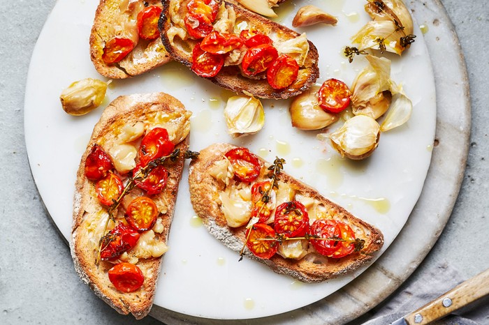 Roasted Cherry Tomatoes on Toast with Garlic Confit