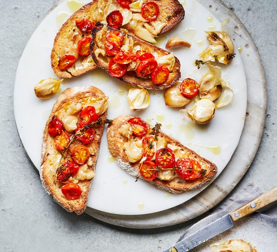 Roasted Cherry Tomatoes on Toast with Garlic Confit