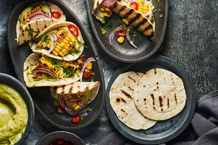 Sweetcorn Tacos with Avocado Cream and Quick Pickled Onions