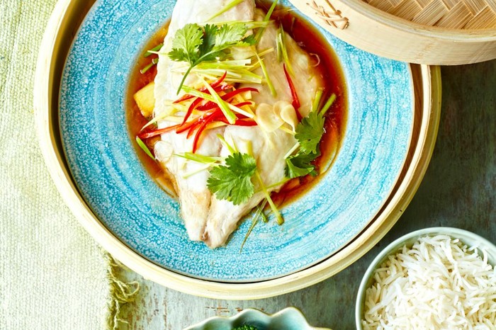 Soy steamed sea bream with ginger and spring onions