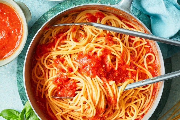 Tomato Pasta Sauce Recipe Spaghetti with slow-roast tomato sauce in a pan