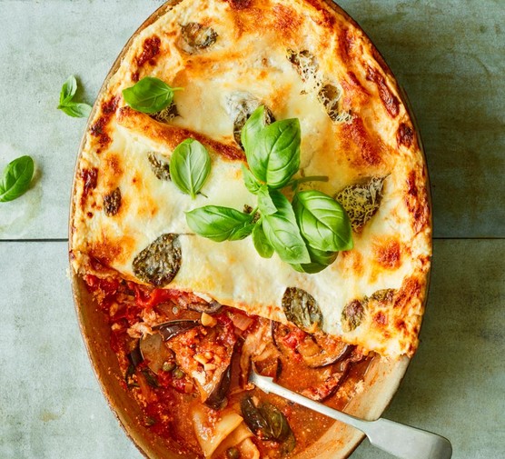 Aubergine lasagne with a third taken out of it