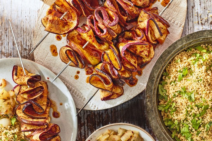 Aubergine Kebabs with Charred Onion Salsa