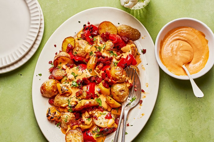 Plate of new potatoes covered in sauce with red peppers and chorizo