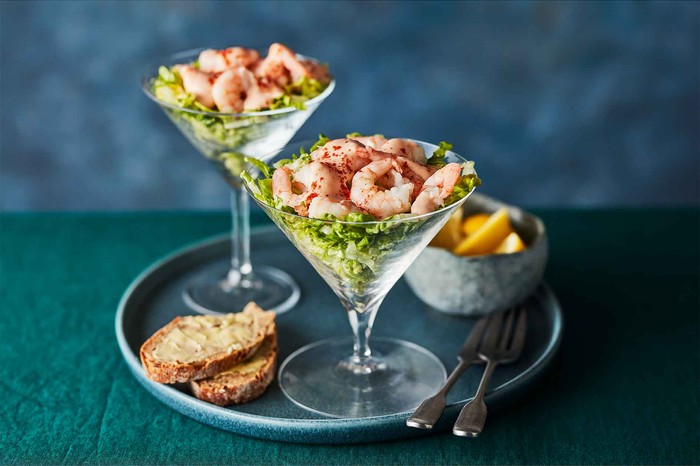 Prawn cocktail served in two cocktail glasses