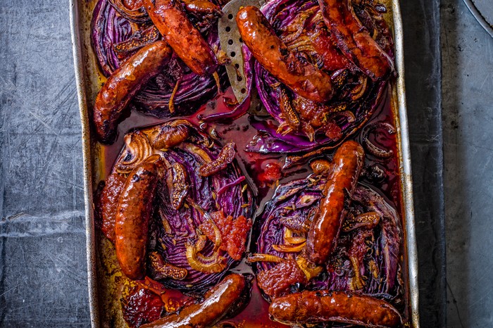 Chorizo Sausage Tray Bake Recipe with Quince and Red Cabbage