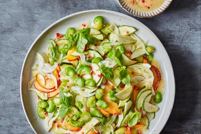 Broad bean, peach and fennel salad