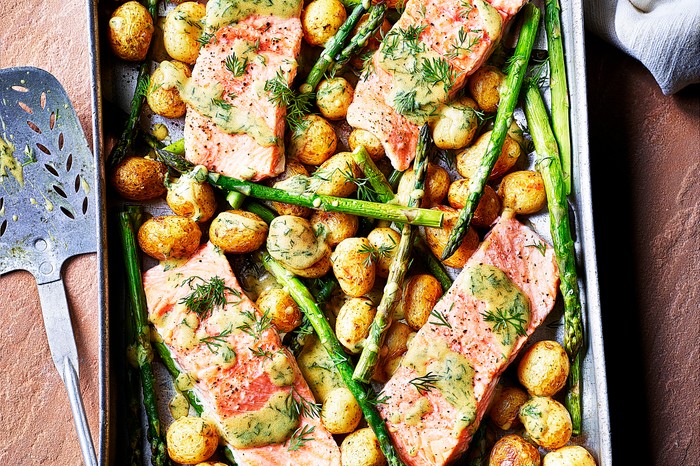 Fish traybake recipe with sea trout, new potato and asparagus