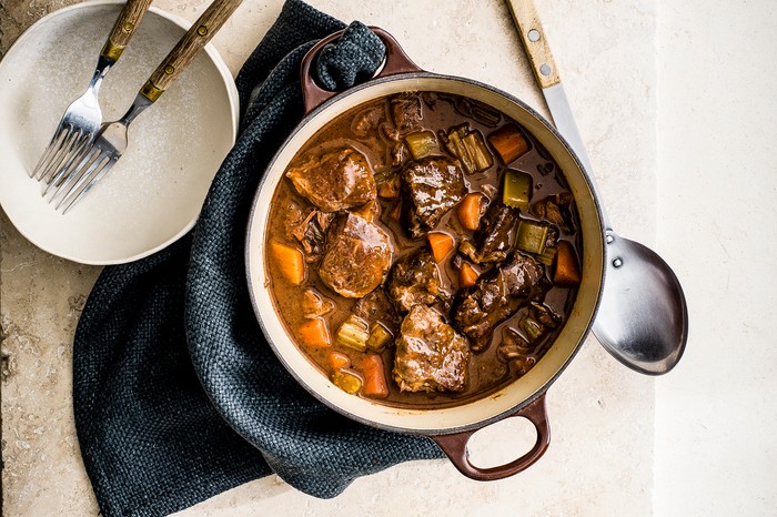 Beef stew with vegetables in a pot