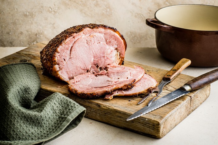 Sliced slow cooker gammon braised in cider