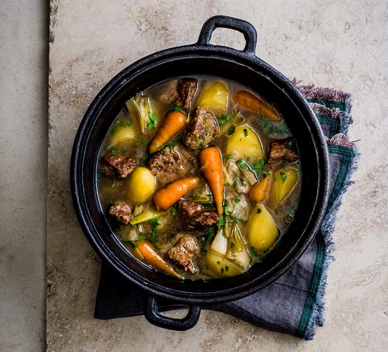 A pot of slow cooker lamb stew with vegetables