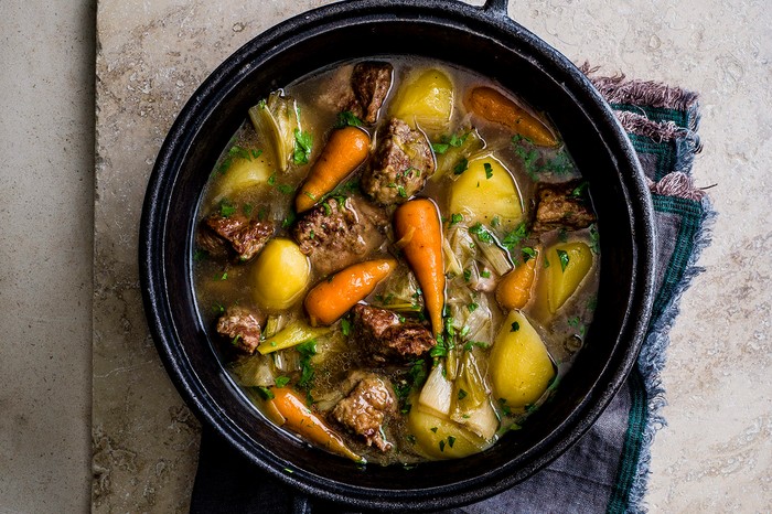 A pot of slow cooker lamb stew with vegetables