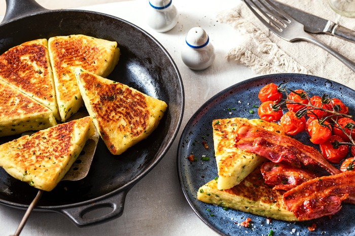 Potato scones A frying pan with potato scones in it