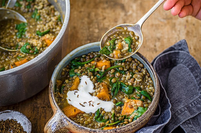 Spiced squash and lentil soup