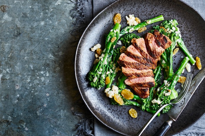 Lamb Leg Steak Recipe with Broccoli, Pine Nut and Shallot Dressing