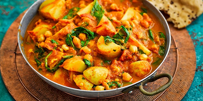 Spinach, Chickpea and Potato Curry in a Silver Pan