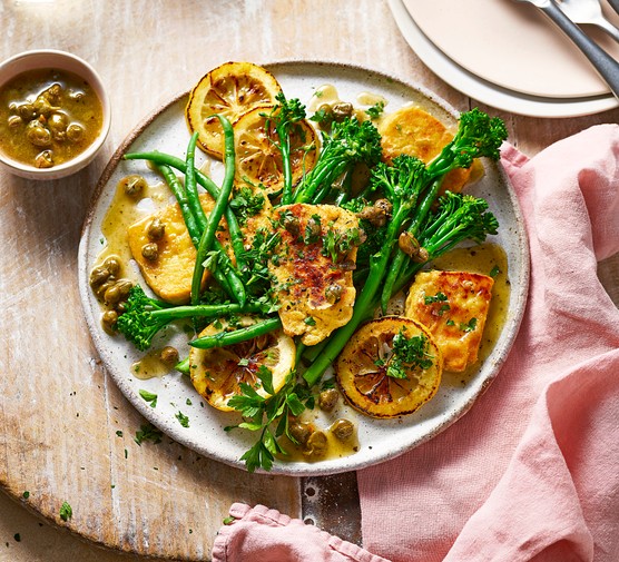 Tofu piccata with greens A fried tofu and broccoli dish