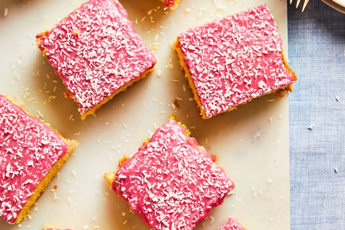 Tottenham Cake Recipe Squares of pink Tottenham cake on a board