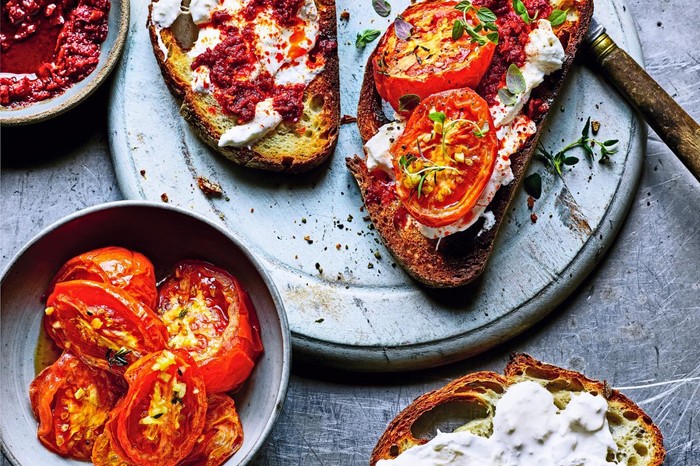 Slow-roasted tomato and harissa tartine