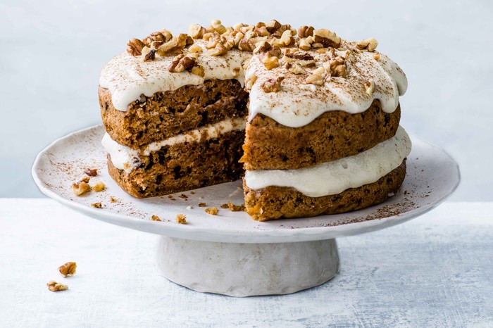 Vegan carrot cake on a stand