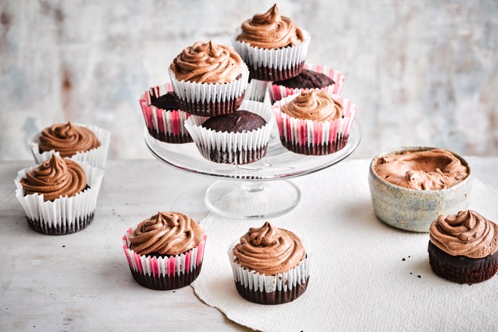 Chocolate cupcakes on a cake stand