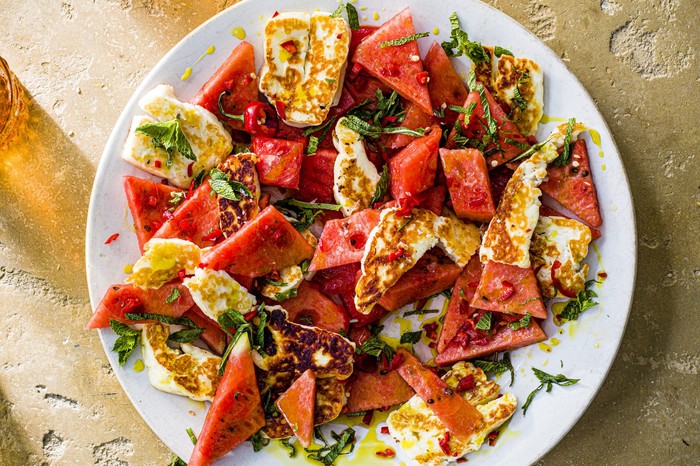 Halloumi and Watermelon Salad on a White Plate