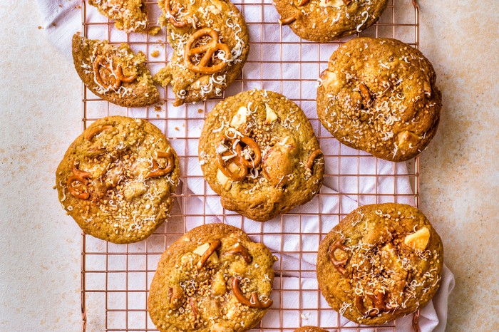 White Chocolate Cookies with Tahini and Pretzels