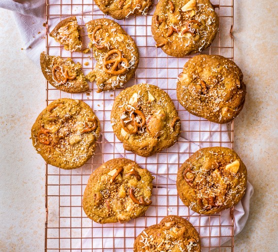 White Chocolate Cookies with Tahini and Pretzels