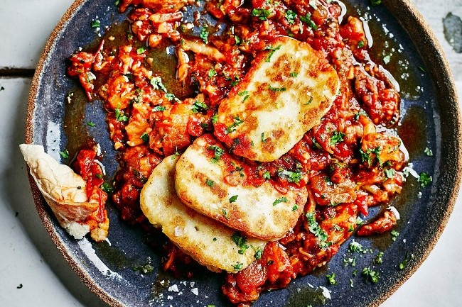 Zaalouk with crispy halloumi. Zaalouk with crispy halloumi