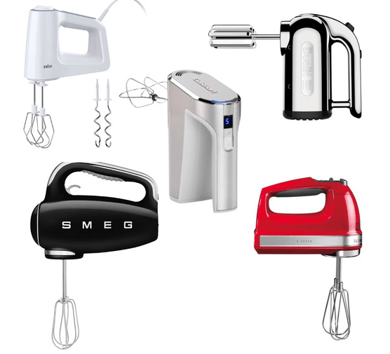 Various hand mixers on a white background