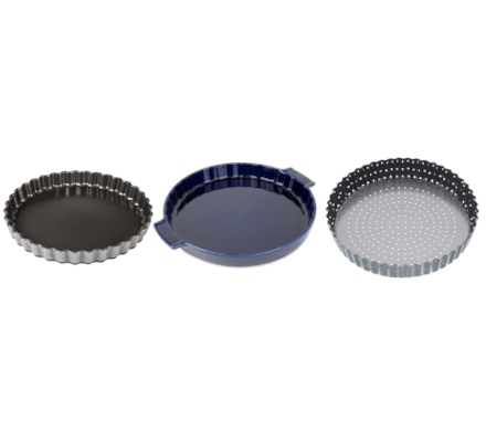 a range of tart tins on a white background