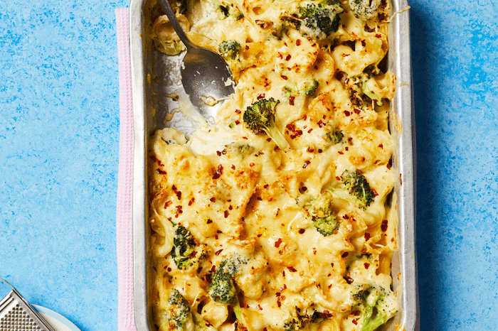 Broccoli and cheese pasta bake in a baking dish