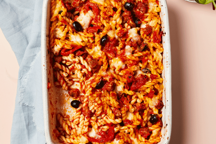 Chorizo pasta bake in a baking dish