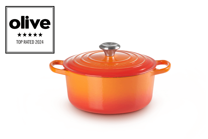 Le Creuset casserole dish with olive accreditation badge