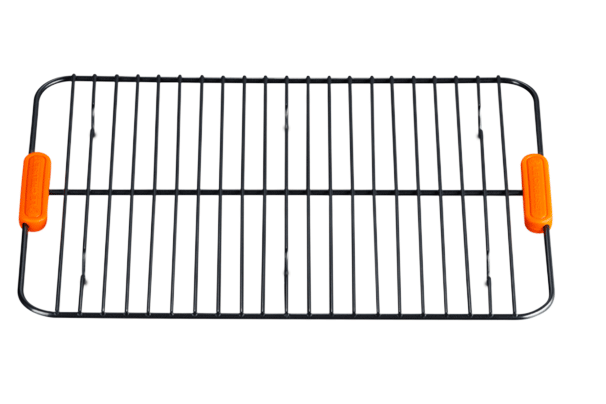 black cooling rack with orange handles