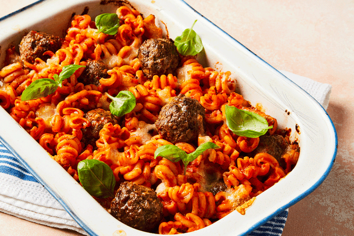 Meatball pasta bake in a baking dish