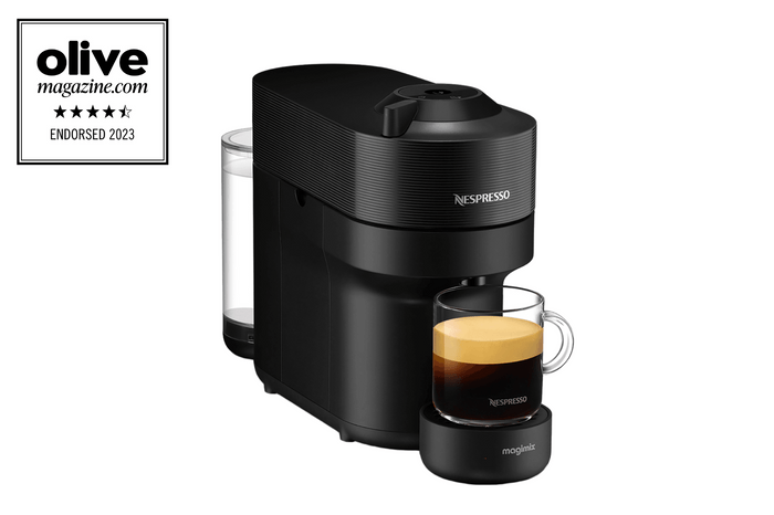 Nespresso Vertuo Pop with badge Nespresso Vertuo Pop coffee machine product image with olive accreditation badge