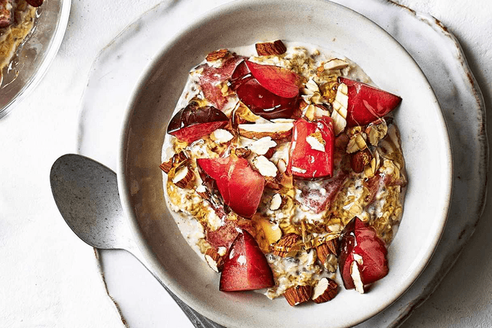 Overnight plum and almond oats Overnight plum and almond oats