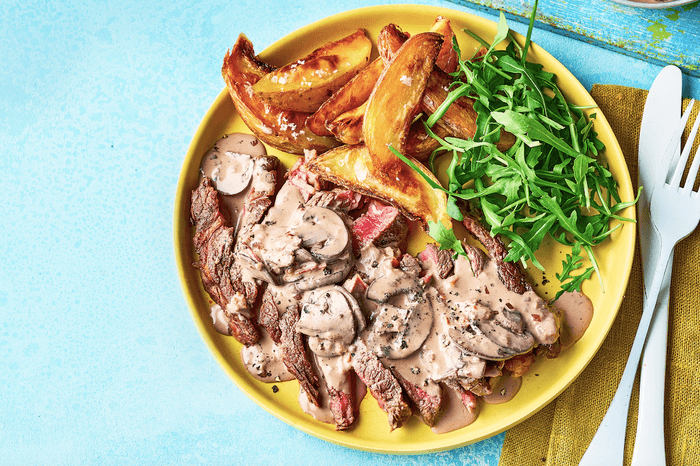 Yellow plate filled with potato wedges, green salad and sliced steak, slathered in a creamy mushroom sauce