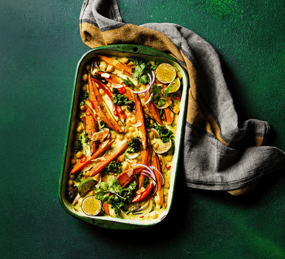 Sweet potato coconut tray bake curry in a baking dish