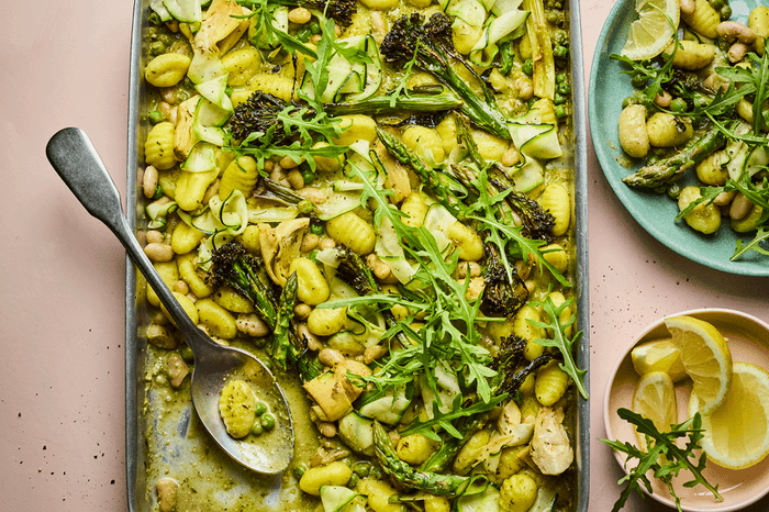 Traybake with gnocchi and spring veg